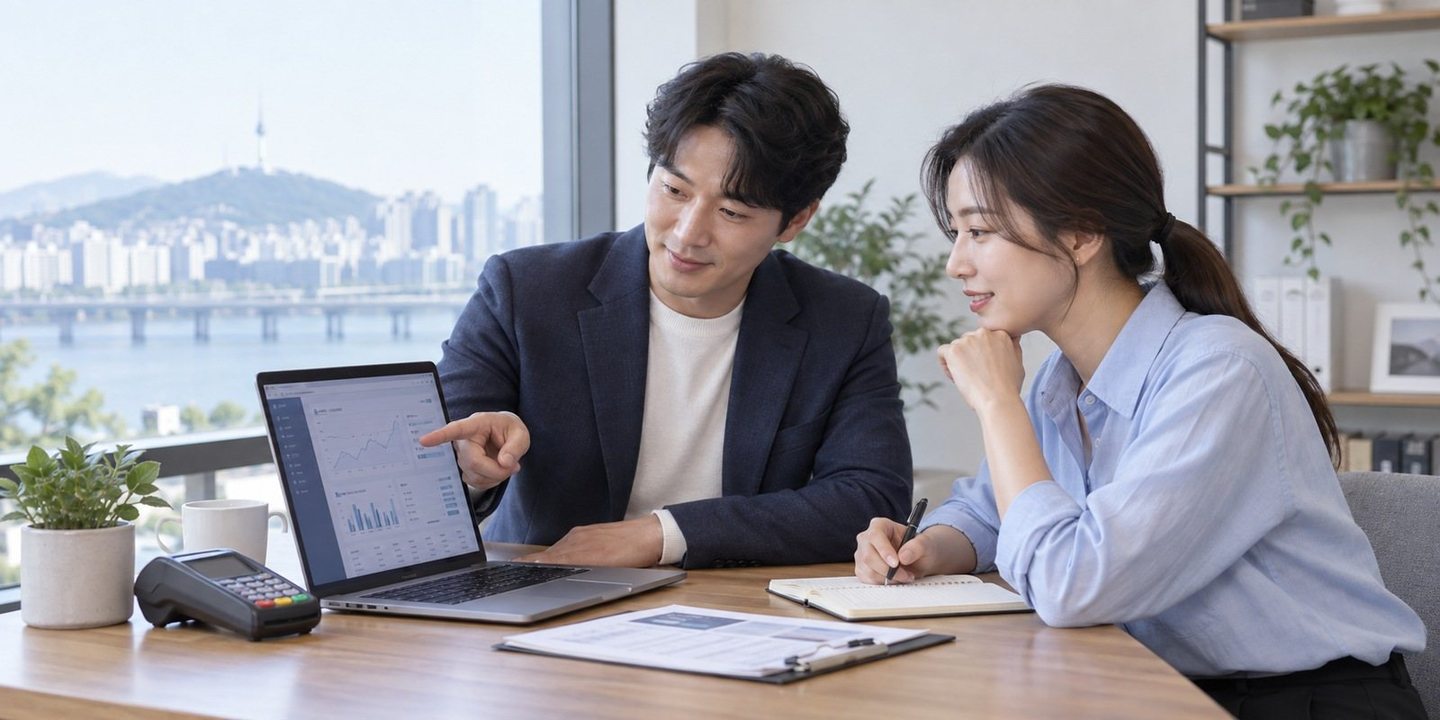 노트북 화면을 함께 확인하는 두 사람 — 비대면 카드결제 개통 일정개통 일정, 서류가 모이는 날이 열쇠. 연락 주시면 지켜야 할 날짜부터 거꾸로 짚어 볼게요.