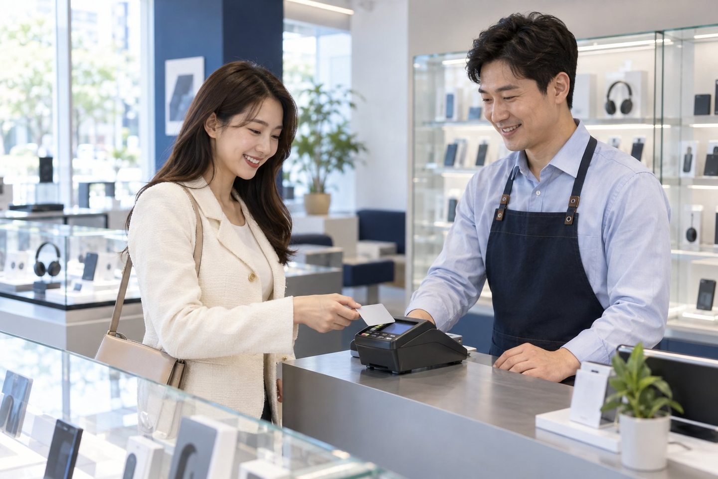 카운터에서 직원과 고객이 단말기를 확인하는 장면 — 비대면 카드결제 예약금예약금, 약속을 단단하게 묶는 한 걸음. 연락 주시면 예약금과 잔금을 나눠 받는 흐름을 그려요.