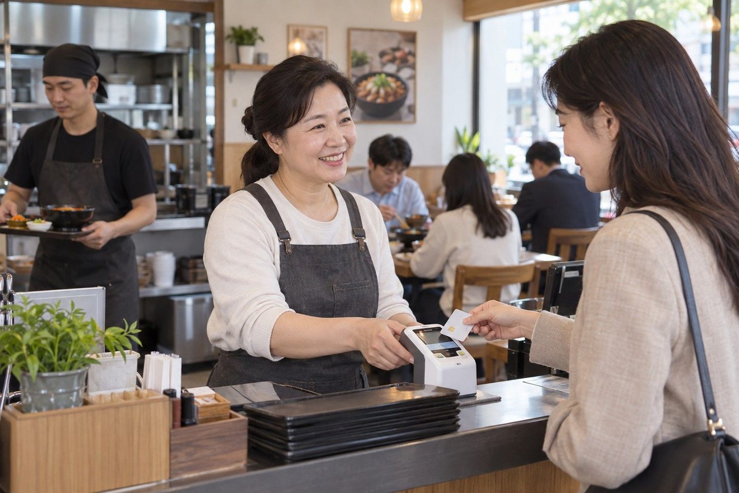매장 카운터에서 고객에게 결제를 안내하는 여성 — 비대면 카드결제 주문이 흘러드는 곳과 약속을 묶는 돈, 두 이야기면 상담이 열립니다.
