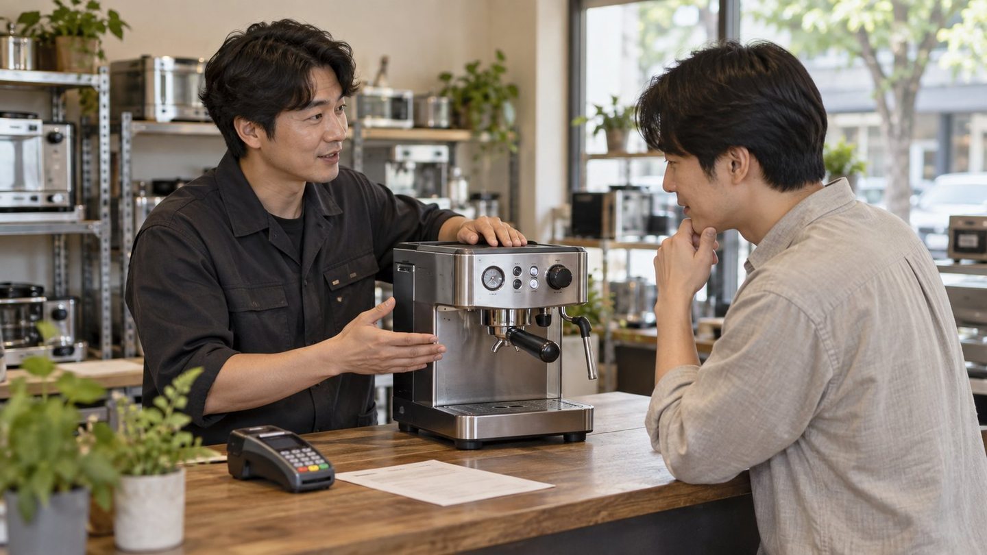 카운터에서 결제 방법을 설명하는 두 사람 — 비대면 카드결제 링크링크, 대화창에서 결제까지 끝내는 길. 연락 주시면 우리 가게 대화 흐름에 맞는지 같이 봐요.